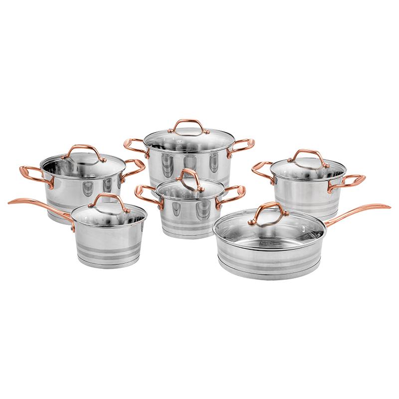ZH-C031 12pcs Stainless Steel Conic Shape Cookware Set with Rose Gold Plated Zinc Alloy Handle